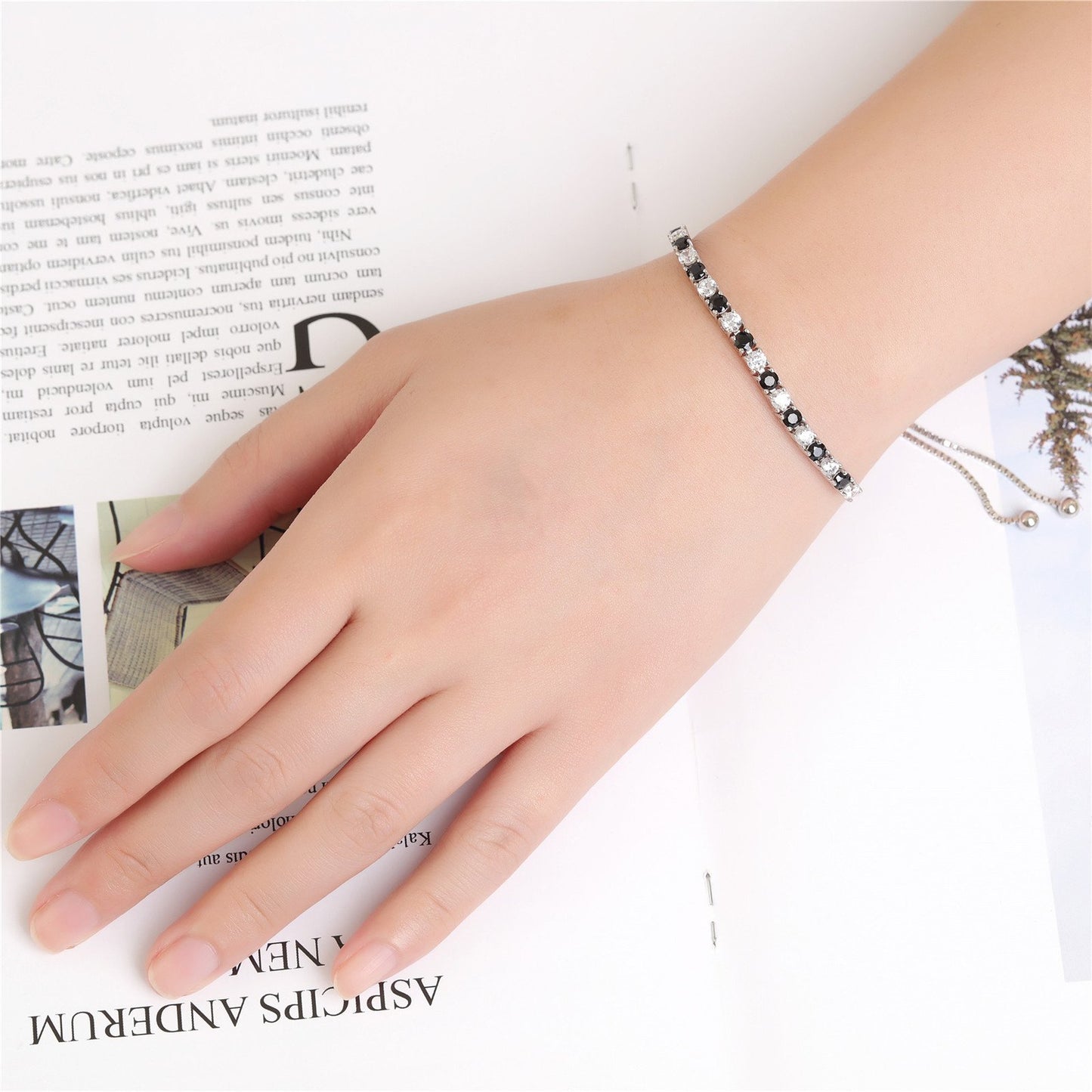 MABELLA 925 Sterling Silver Adjustable Tennis Bracelet Black & White CZ Jewelry Gifts for Women