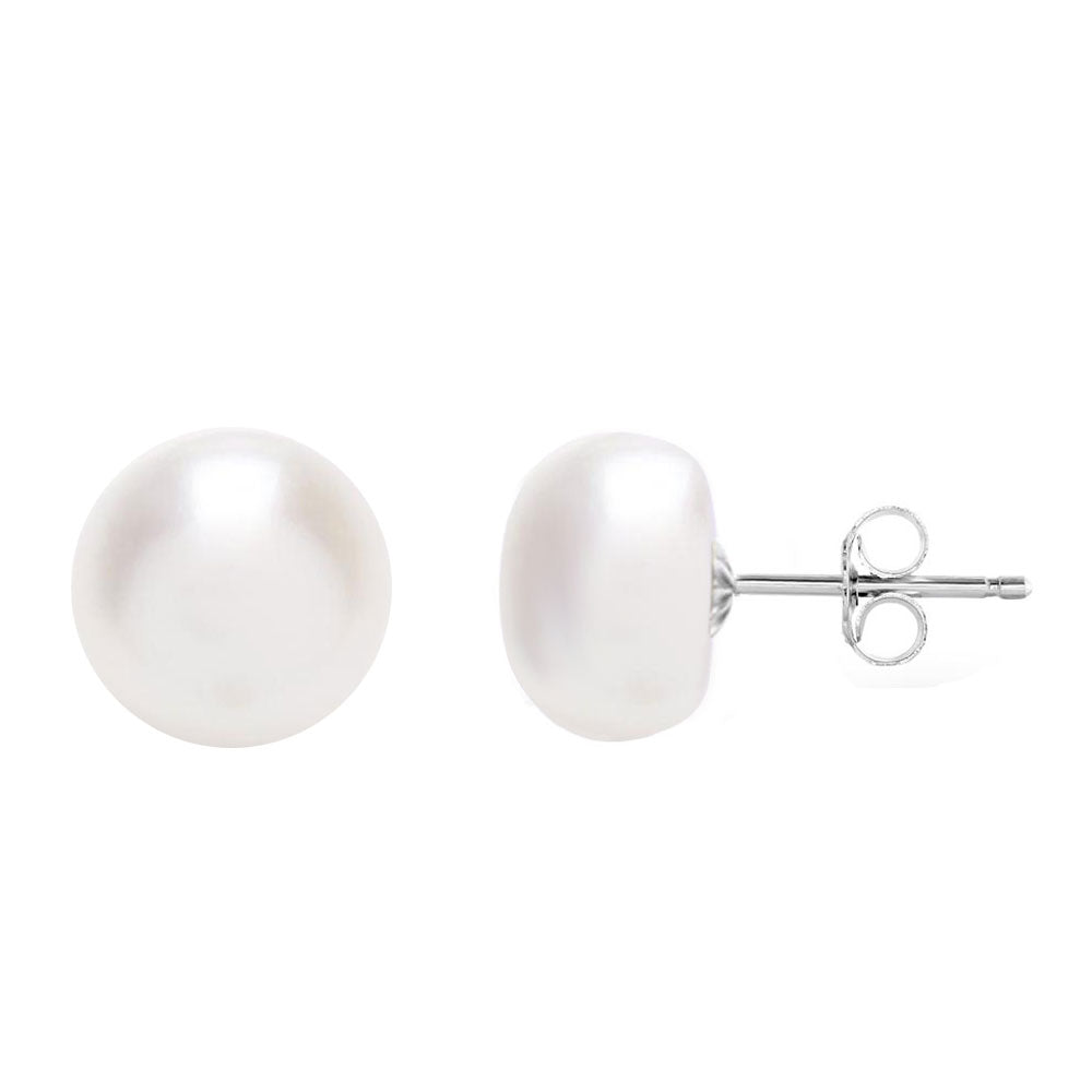 MABELLA 925 Sterling Silver Genuine Freshwater Cultured Pearl White Button Stud Earrings for Women