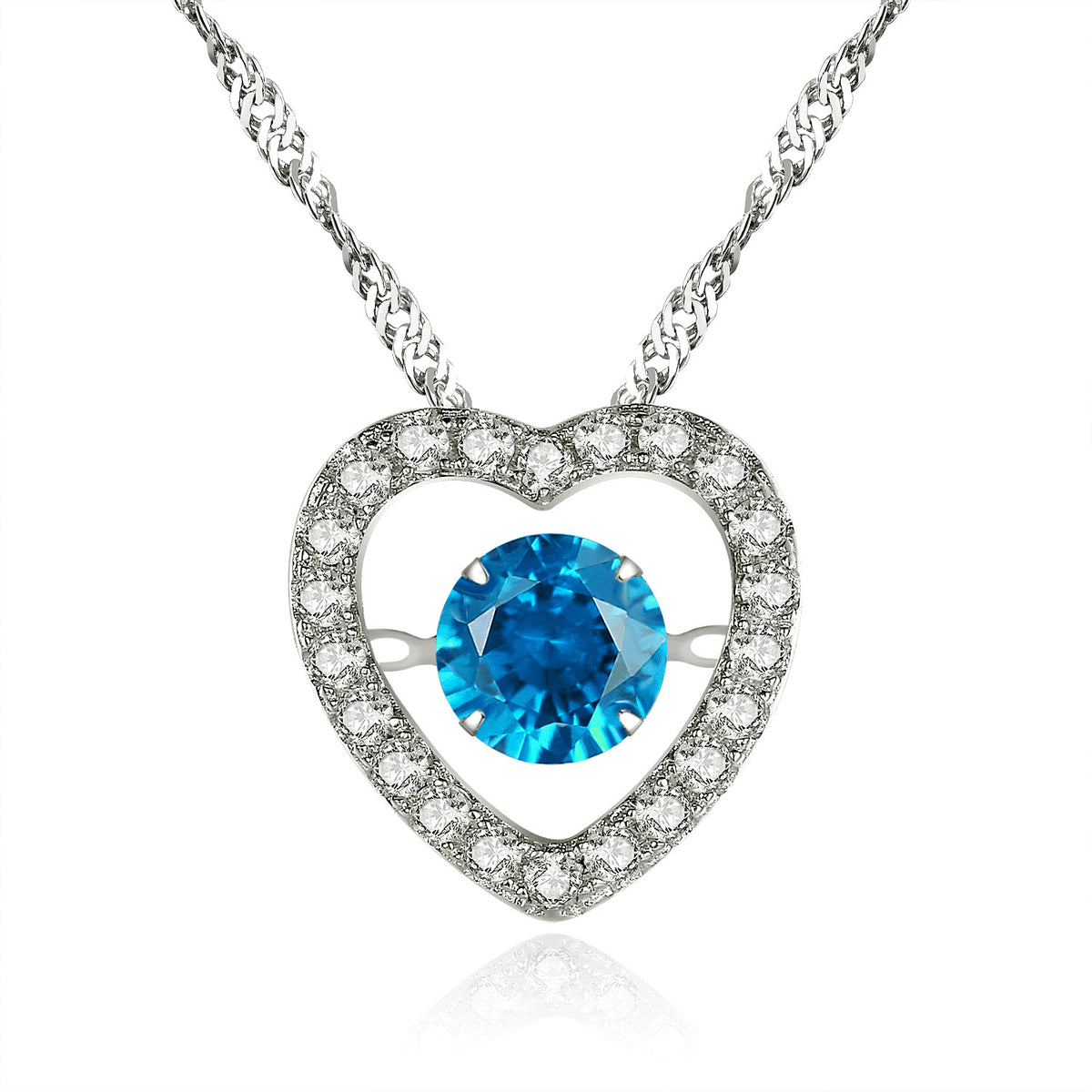 Sterling Silver Heart Pendant Necklace With Simulated Blue Sapphire & Diamonds - 4.0 CTW
