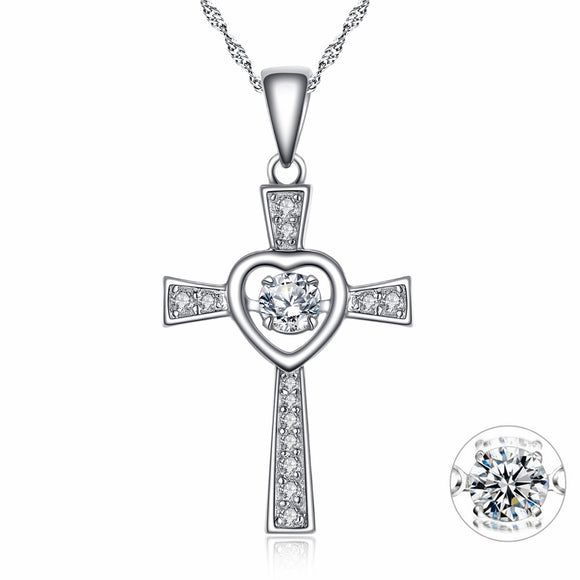 MABELLA Sterling Silver 0.25 ct Round Shaped Cubic Zirconia Cross Dancing Pendant Necklace, 18