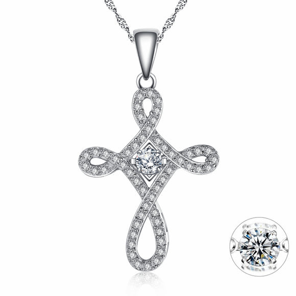 MABELLA Sterling Silver 0.25ct Round Shaped Cubic Zirconia Charm Cross Dancing Pendant Necklace, 18