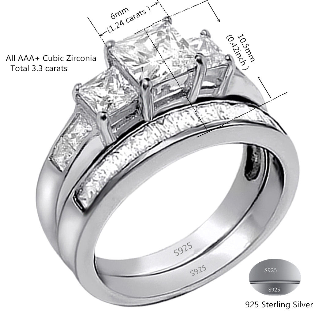 MABELLA Couple Rings Men Stainless Steel Ring Women Three Stone Princess Cut Sterling Silver Rings