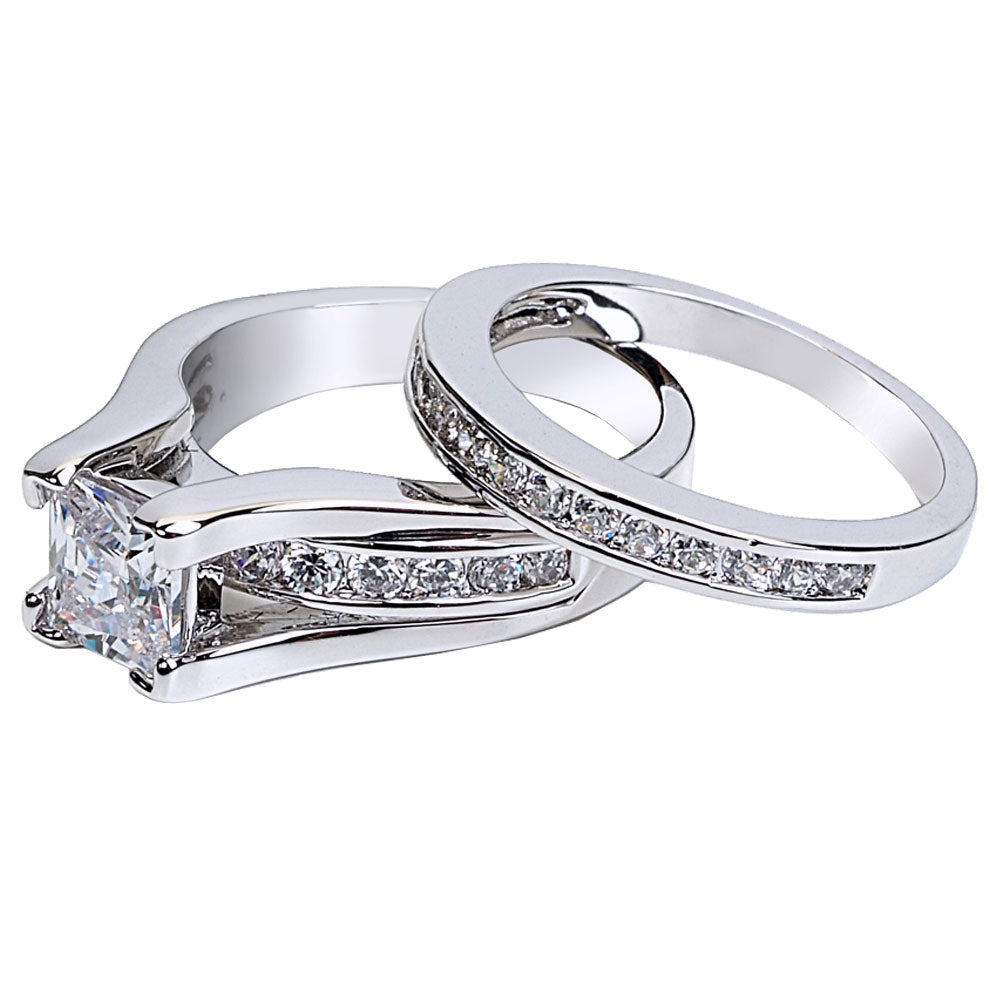 2.10 Carat TCW Classical Princess Cut CZ 925 Sterling Silver Wedding Rings Bridal Set, Women's, Size: 7