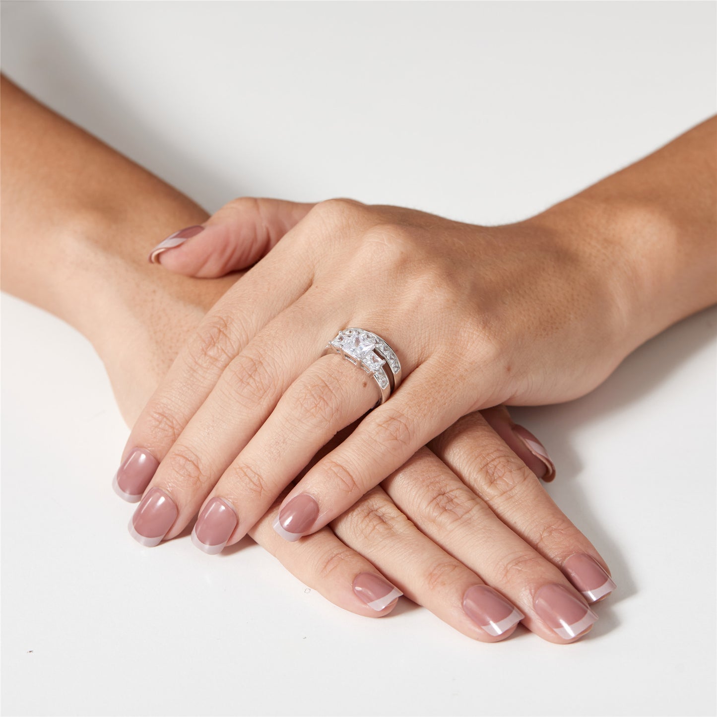 MABELLA Sterling Silver Three Stone CZ Princess Cut Wedding Engagement Bridal Set, Gifts for Women