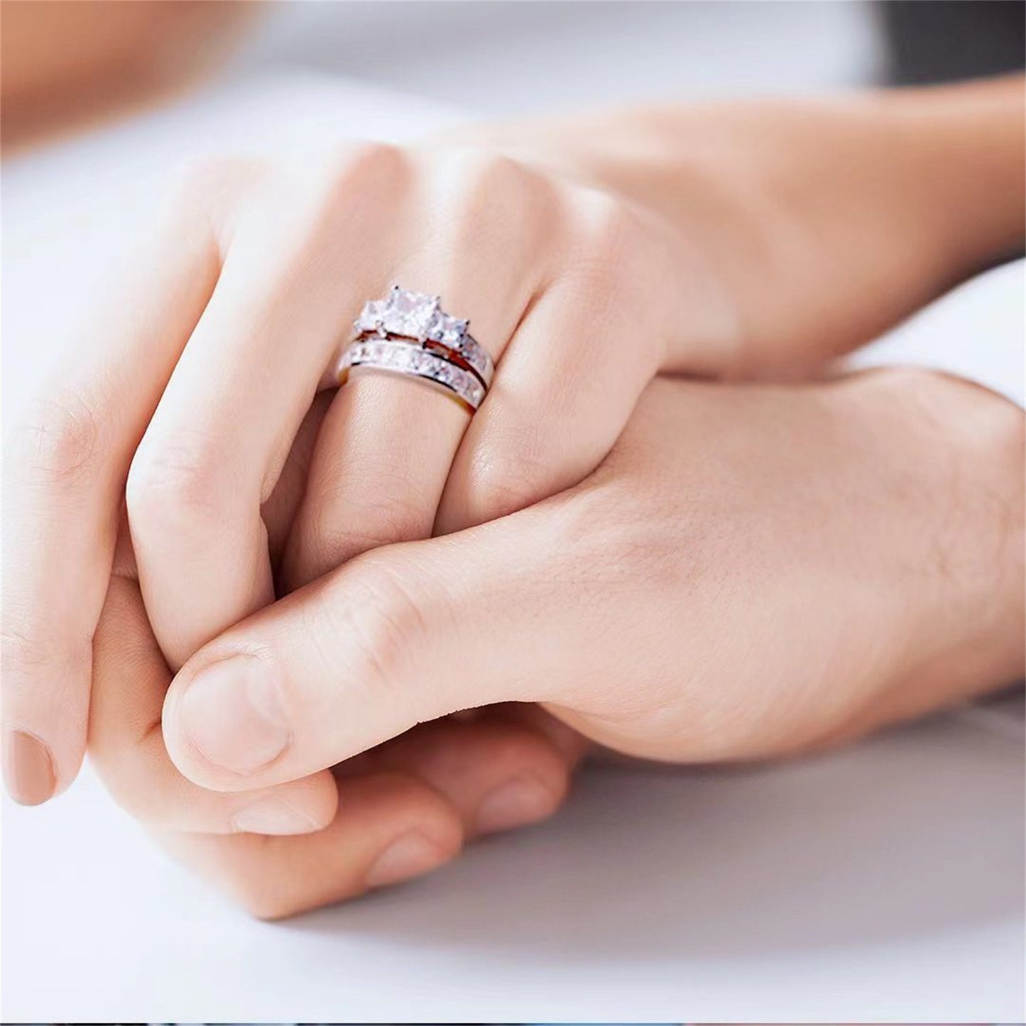 MABELLA Sterling Silver Three Stone CZ Princess Cut Wedding Engagement Bridal Set, Gifts for Women