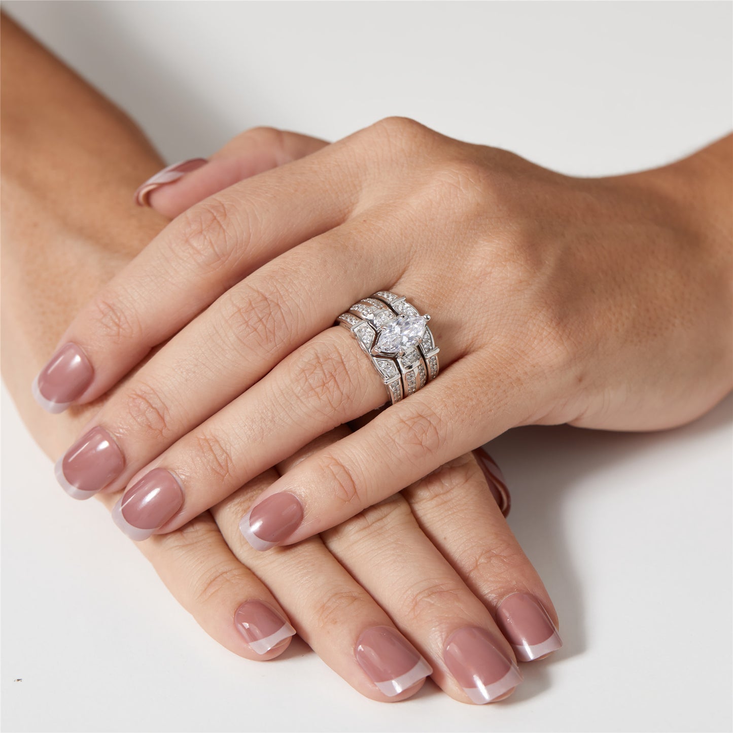MABELLA Trio Sterling Silver Cubic Zirconia Cz Marquise Wedding Ring Set Anniversary Gifts for Women