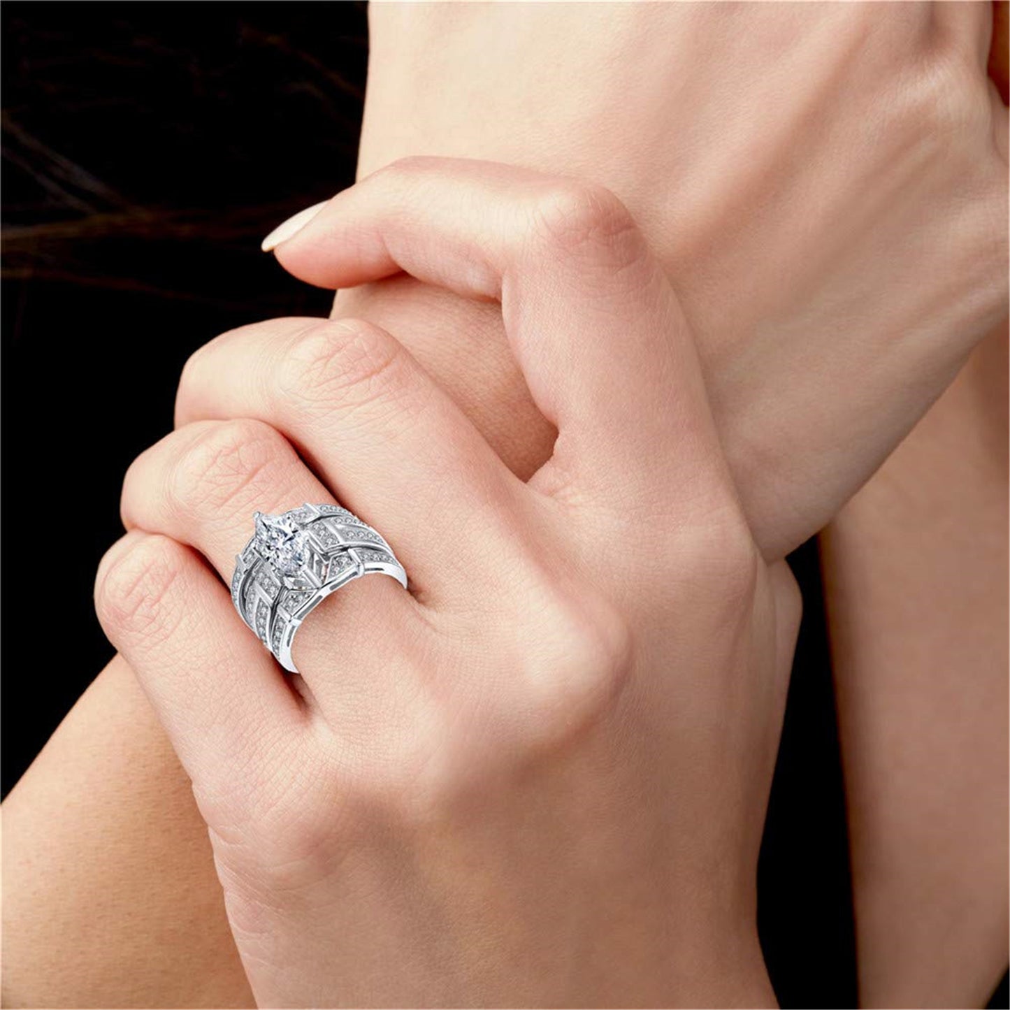 MABELLA Trio Sterling Silver Cubic Zirconia Cz Marquise Wedding Ring Set Anniversary Gifts for Women
