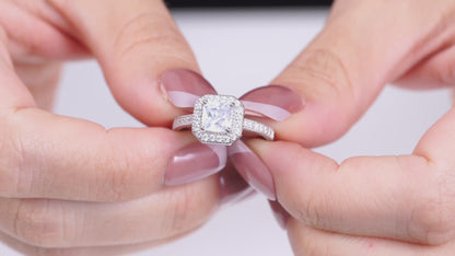MABELLA Halo Princess Cut 925 Sterling Silver Wedding Ring Set