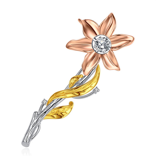 MABELLA 925 Sterling Silver 5.7mm Round Dancing CZ Three Tones Sunflower Brooch Pin Gifts for Women