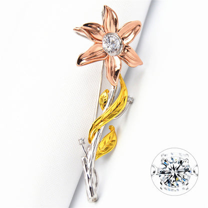 MABELLA 925 Sterling Silver 5.7mm Round Dancing CZ Three Tones Sunflower Brooch Pin Gifts for Women