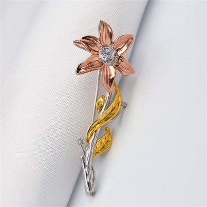 MABELLA 925 Sterling Silver 5.7mm Round Dancing CZ Three Tones Sunflower Brooch Pin Gifts for Women