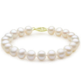 MABELLA 14K Solid Yellow Gold Freshwater Cultured 7.0-7.5mm White Pearl Strand Bracelet-7.5
