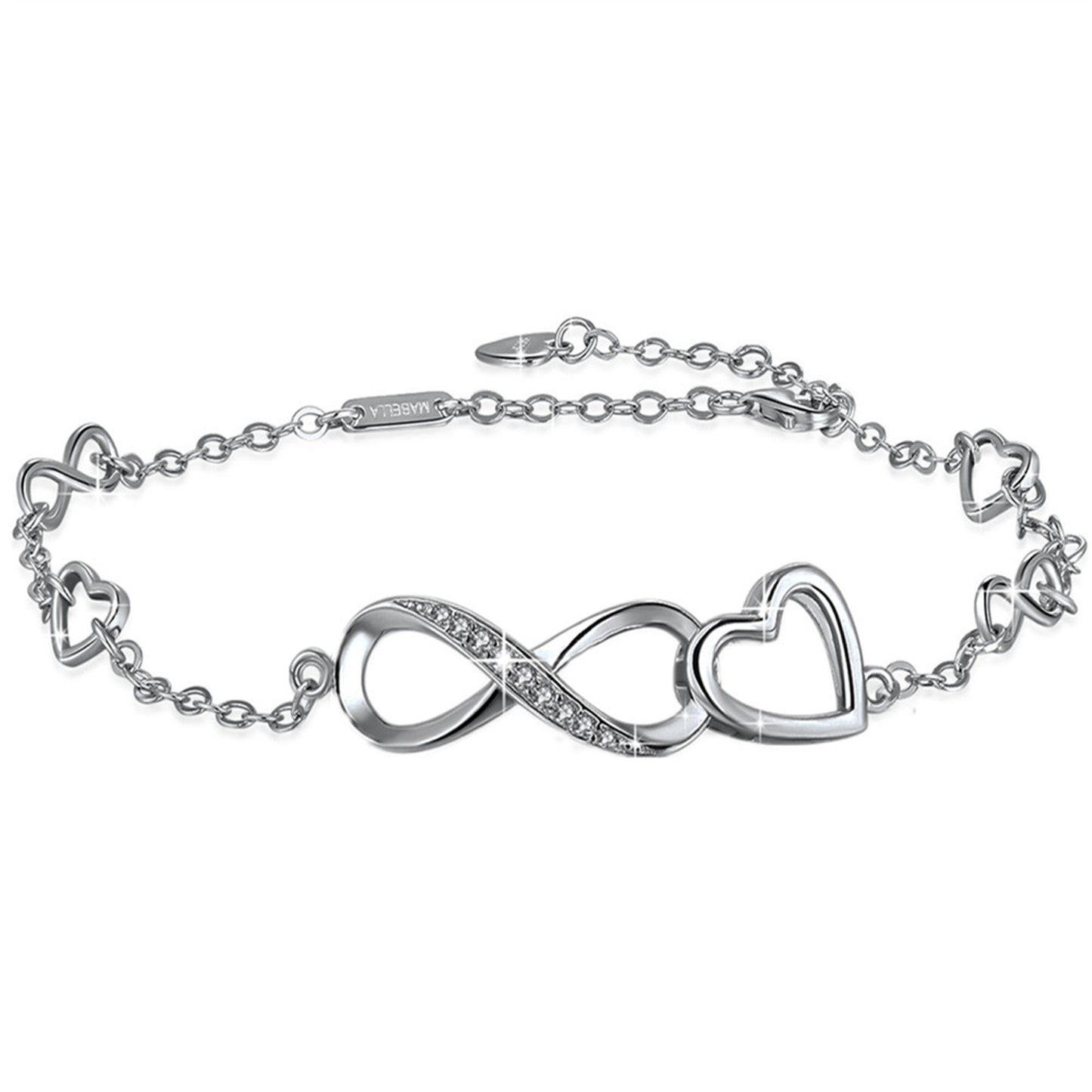 MABELLA 925 Sterling Silver Endless Heart Symbol Charms Adjustable Anklet Bracelet, Gifts for Women