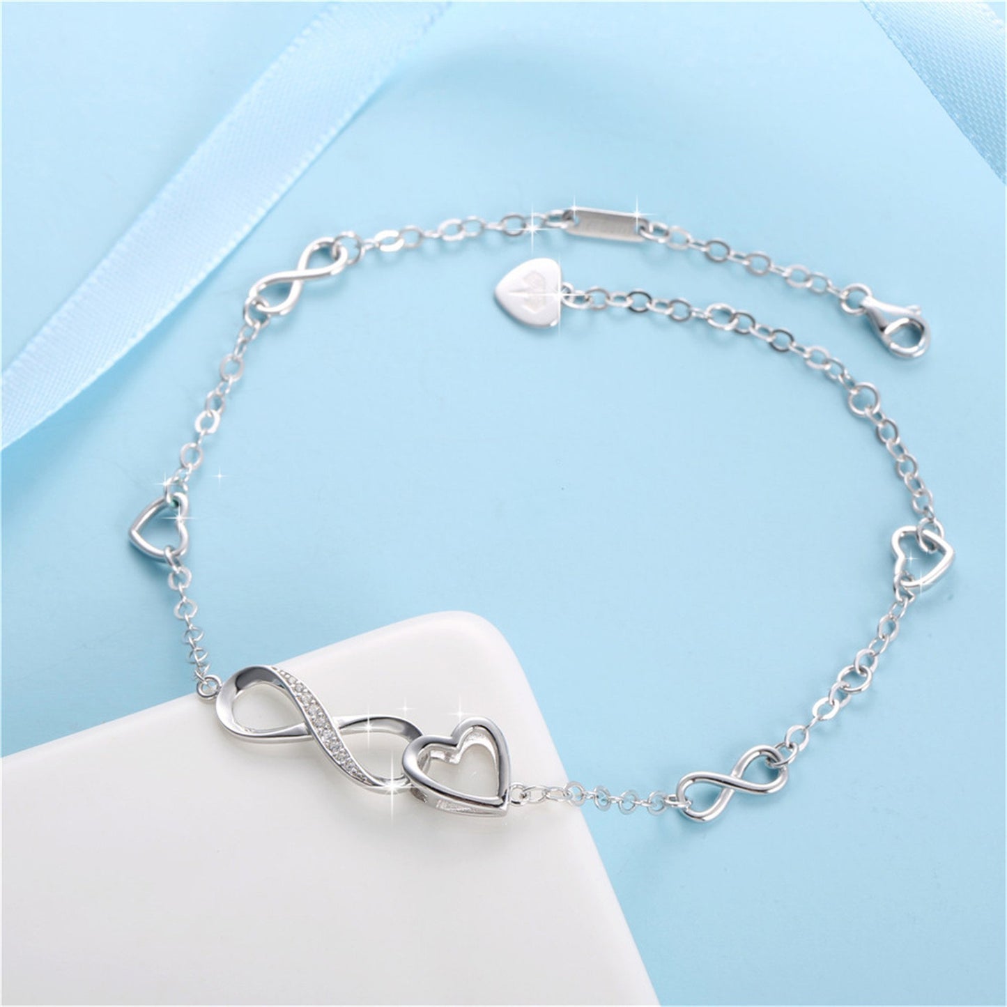 MABELLA 925 Sterling Silver Endless Heart Symbol Charms Adjustable Anklet Bracelet, Gifts for Women