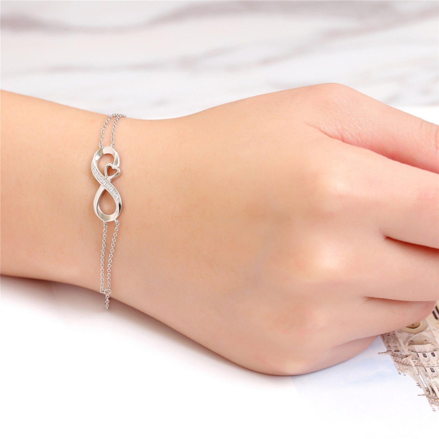 MABELLA Infinity Heart Adjustable Bracelet Double Chain,925 Sterling Silver Endless Love Jewelry Valentines's Day Gifts for Women