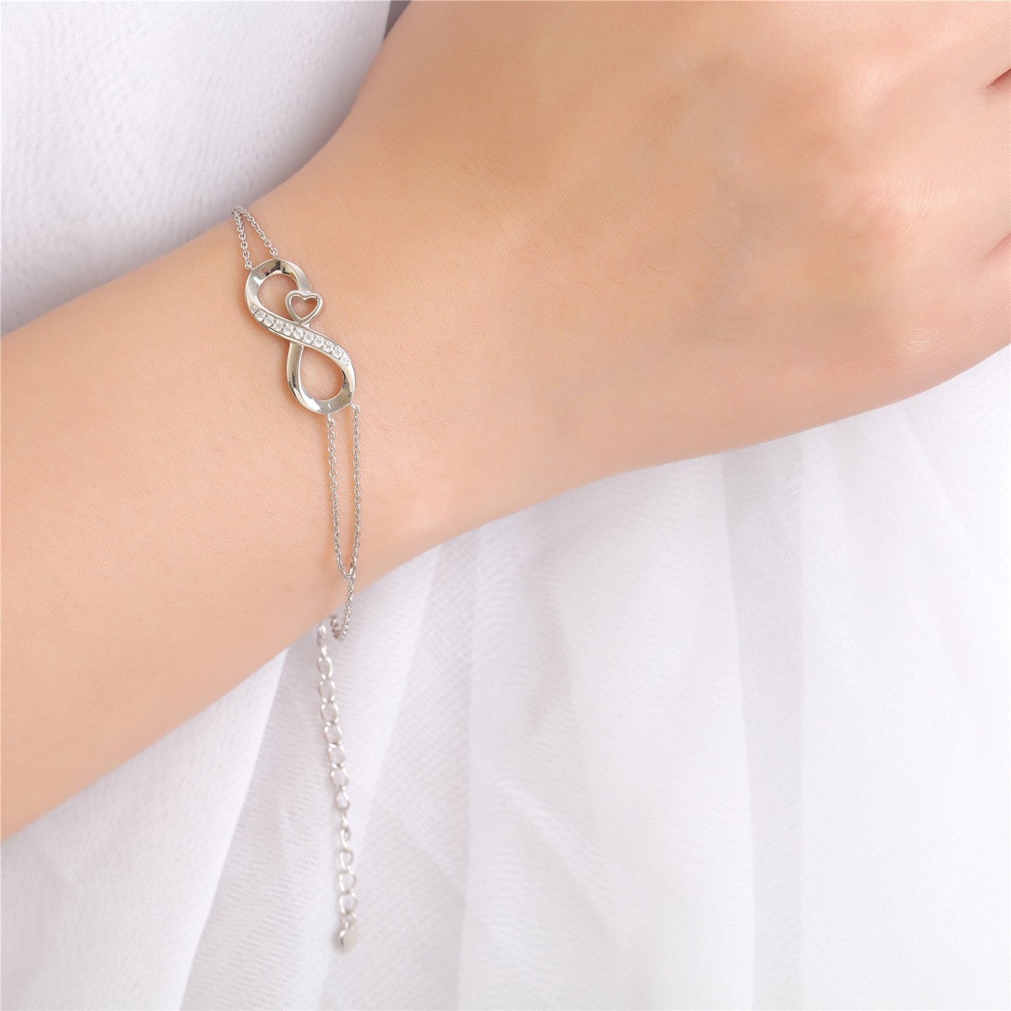 MABELLA Infinity Heart Adjustable Bracelet Double Chain,925 Sterling Silver Endless Love Jewelry Valentines's Day Gifts for Women