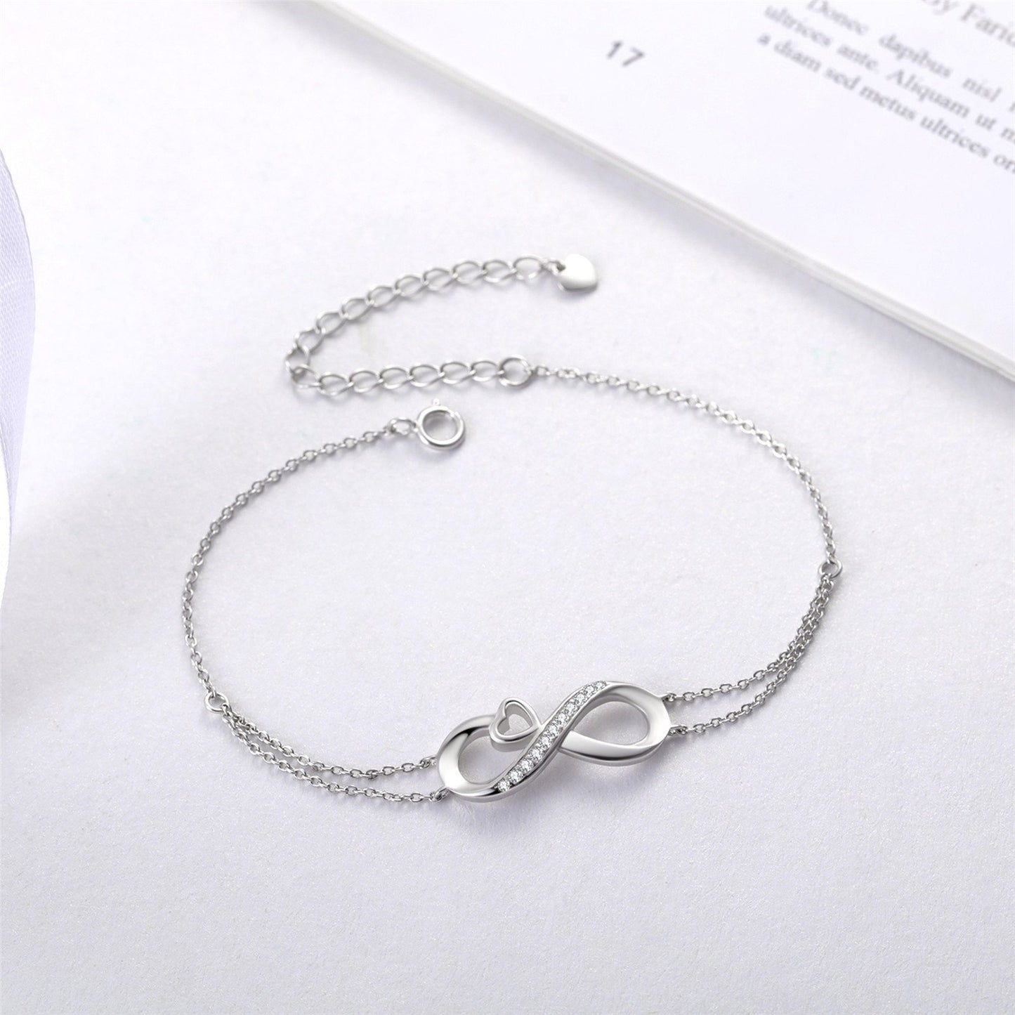MABELLA Infinity Heart Adjustable Bracelet Double Chain,925 Sterling Silver Endless Love Jewelry Valentines's Day Gifts for Women