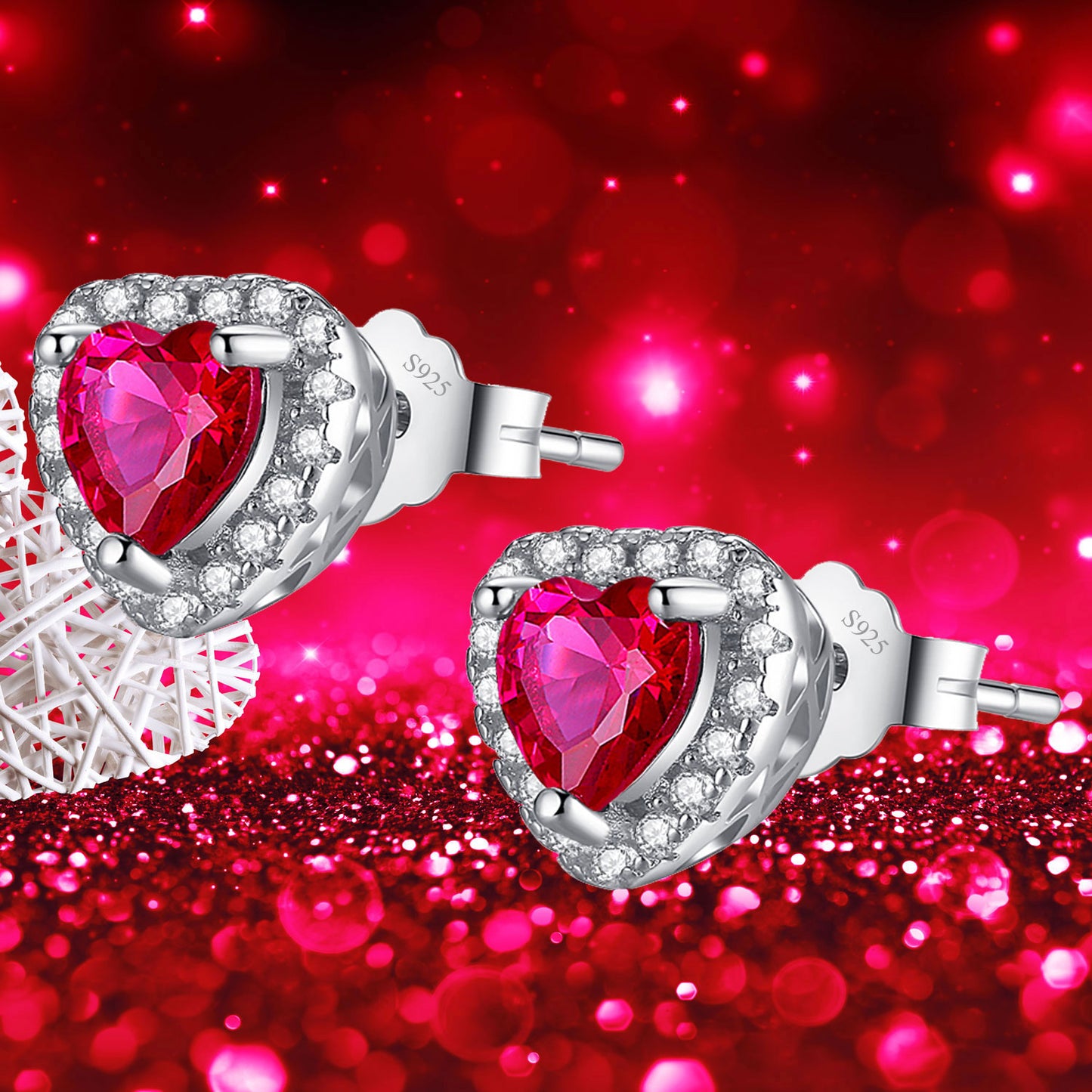 MABELLA Sterling Silver Heart Cut Simulated Ruby Pendant Earrings Jewelry Set, Gifts for Women