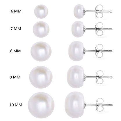 MABELLA 925 Sterling Silver Genuine Freshwater Cultured Pearl White Button Stud Earrings for Women