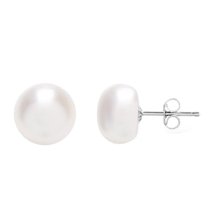 MABELLA 925 Sterling Silver Genuine Freshwater Cultured Pearl White Button Stud Earrings for Women
