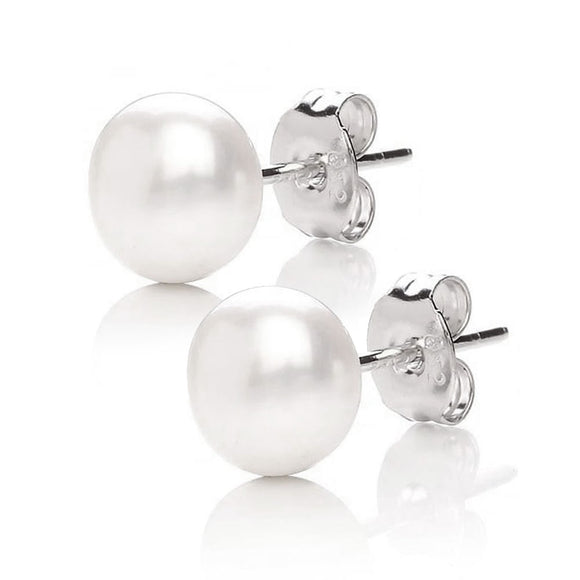 MABELLA 925 Sterling Silver Genuine Freshwater Cultured Pearl White Button Stud Earrings for Women