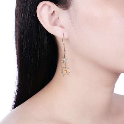 MABELLA 18K Real Gold Plated 925 Sterling Silver Star Threader Dangle Swarovski Crystals Earrings