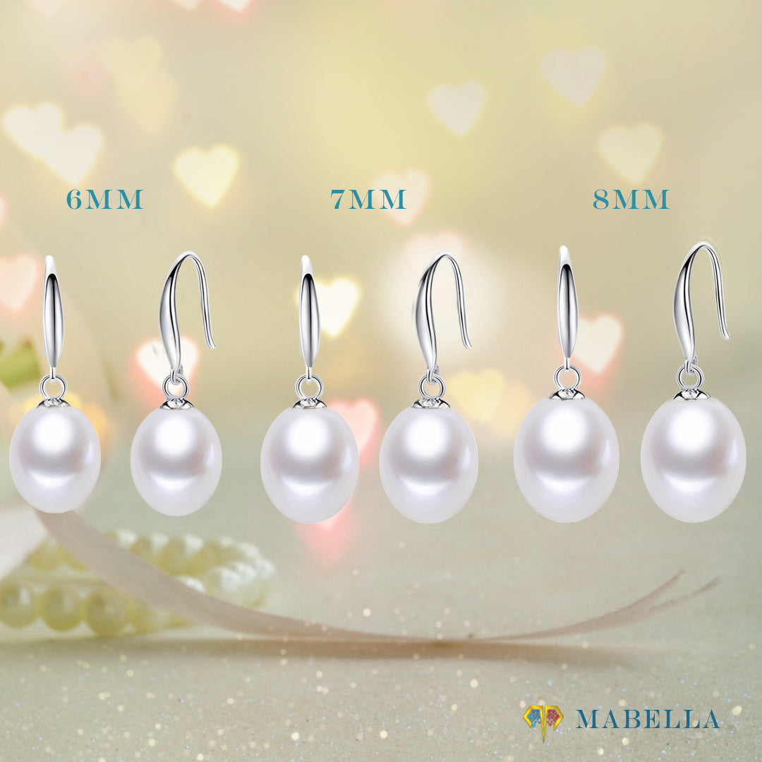 MABELLA Sterling Silver AAA+ Quality White Freshwater Cultured Drop Dangle Pearl Earrings for Women