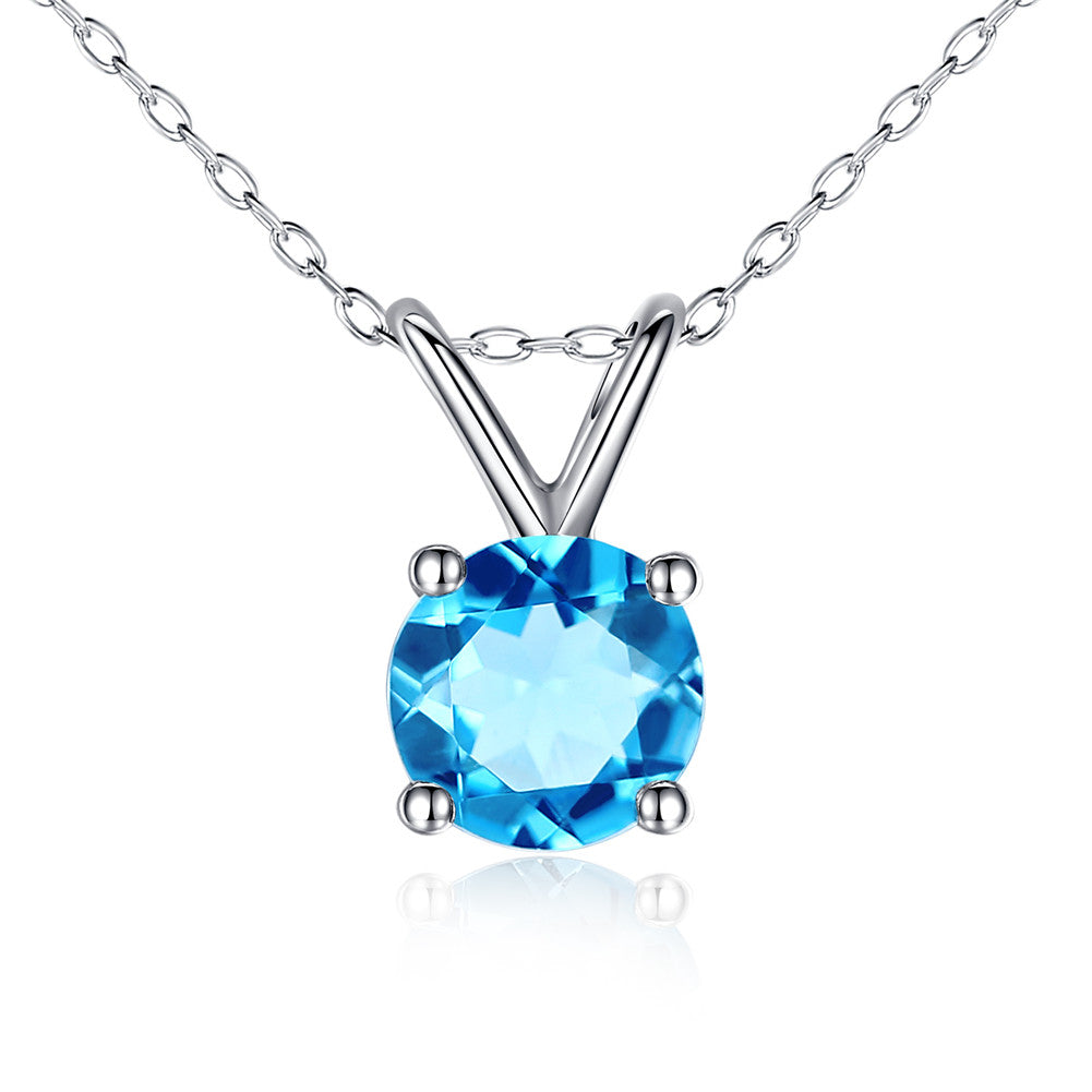MABELLA 14K Solid White Gold 0.80 CTTW Round Cut 6mm Natural Genuine Gemstone Pendant Necklace