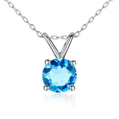 MABELLA 14K Solid White Gold 0.80 CTTW Round Cut 6mm Natural Genuine Gemstone Pendant Necklace