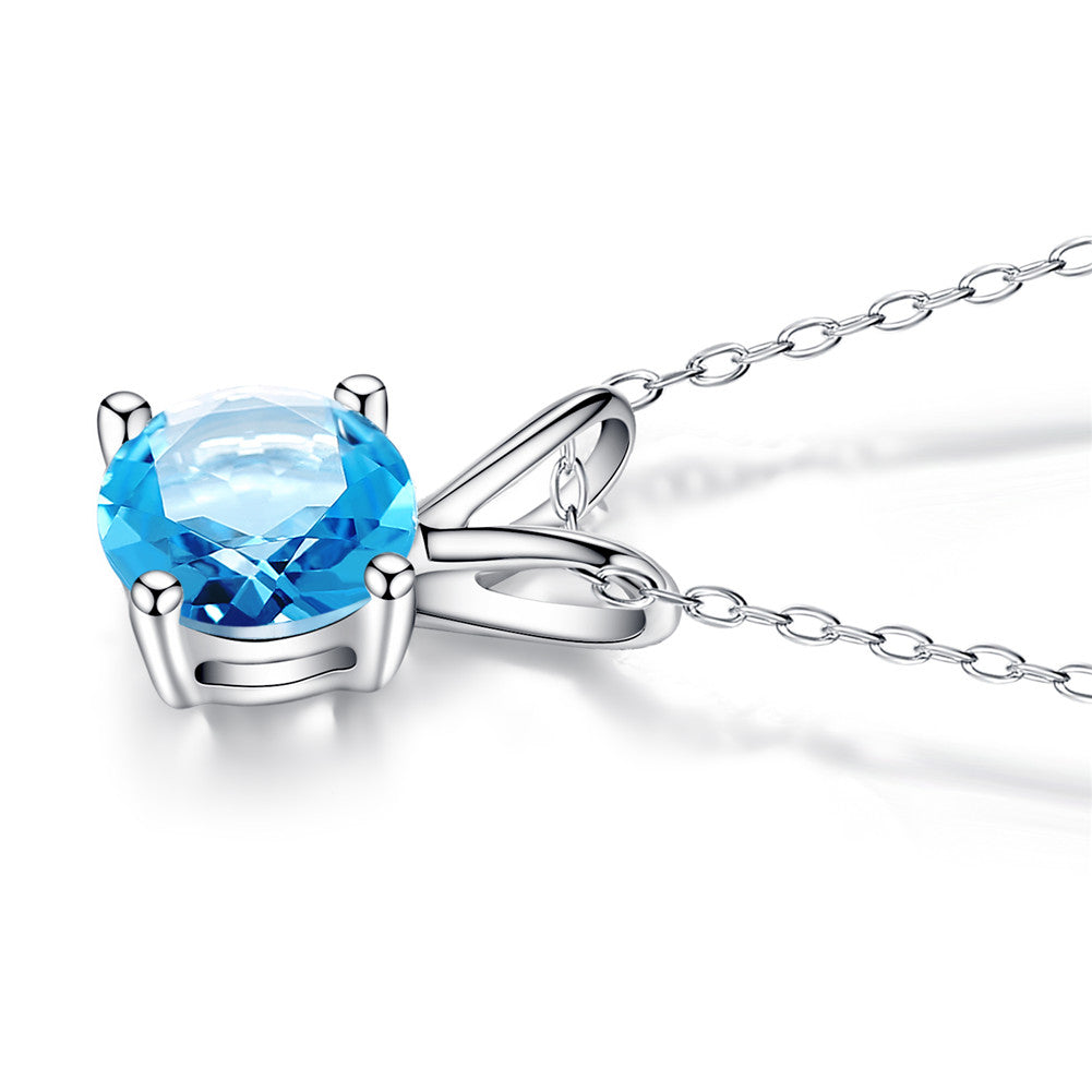 MABELLA 14K Solid White Gold 0.80 CTTW Round Cut 6mm Natural Genuine Gemstone Pendant Necklace