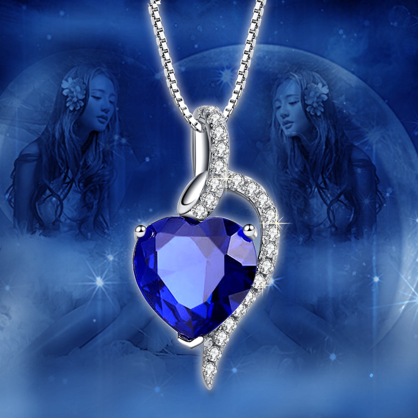 Sterling Silver Simulated Blue Sapphire Ruby Blue Topaz Heart Pendant Necklace Gifts for Women