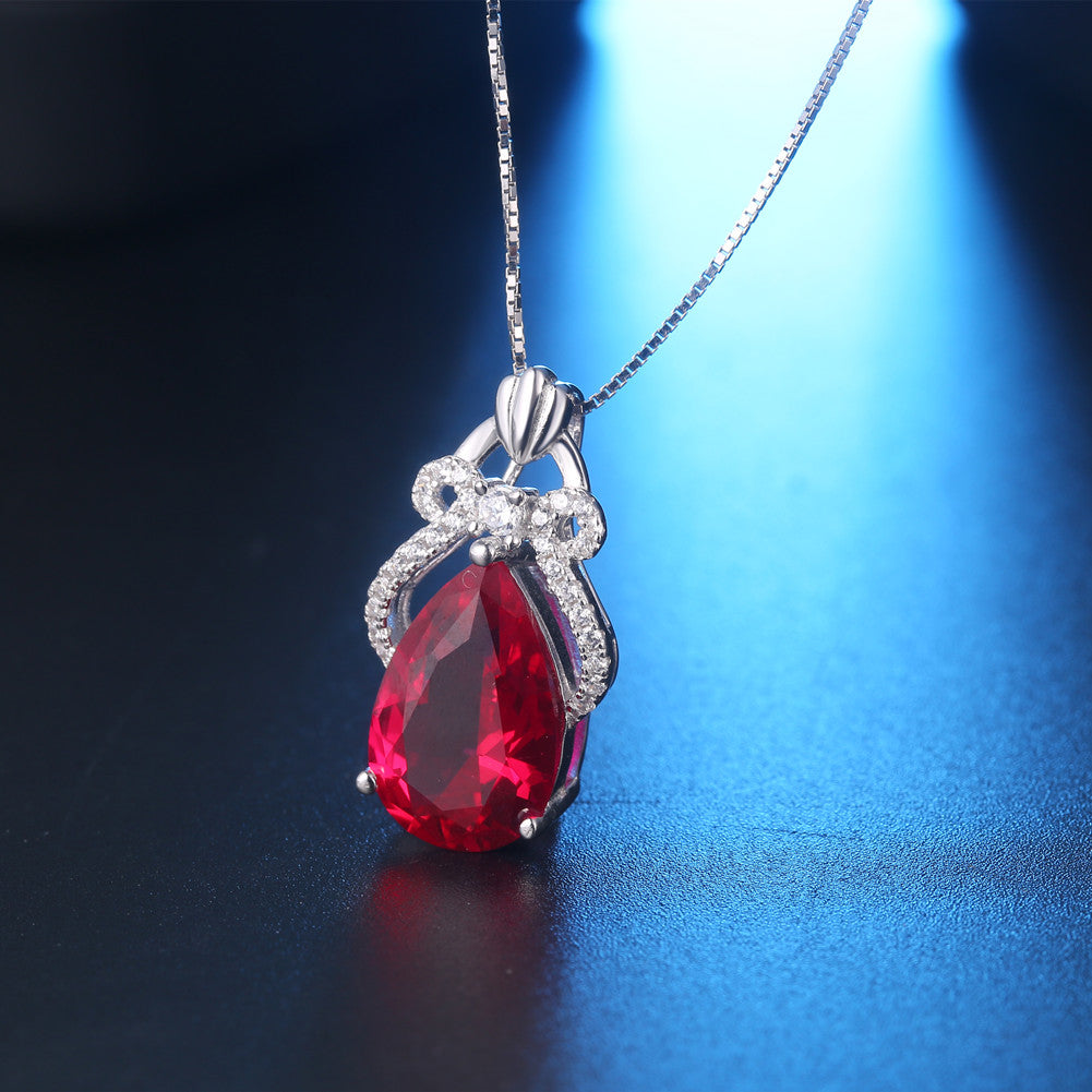 MABELLA Simulated Teardrop Ruby Pendant Necklace Sterling Silver Crown