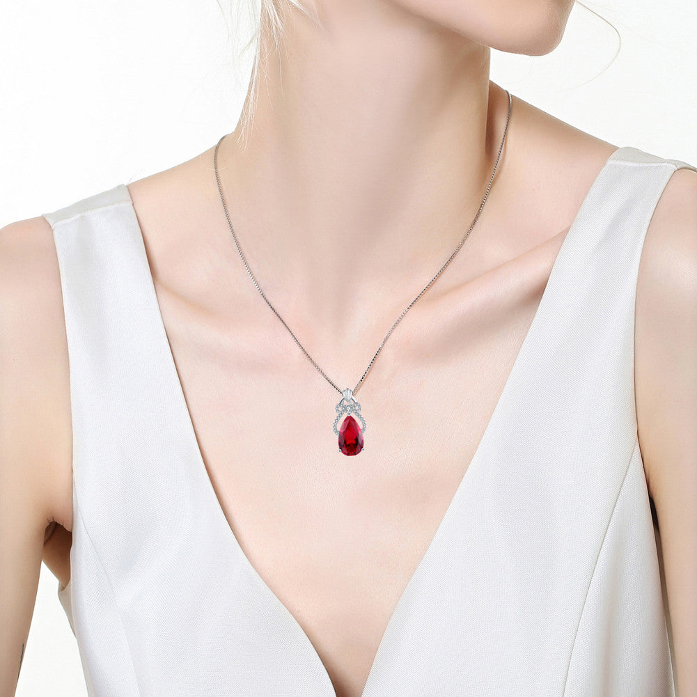 MABELLA Simulated Teardrop Ruby Pendant Necklace Sterling