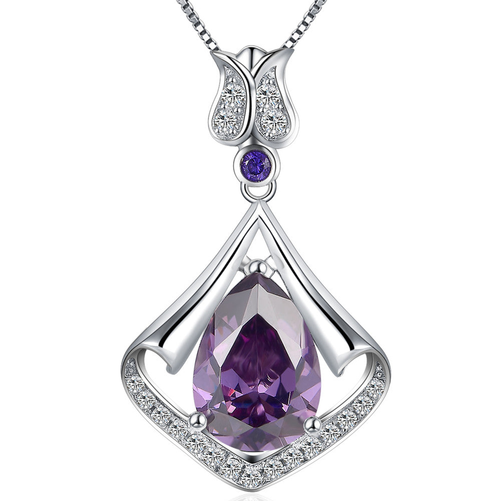 MABELLA Sterling Silver Flower Teardrop Simulated Amethyst/Simulated Blue Topaz Pendant Necklace