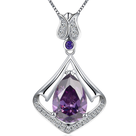 MABELLA Sterling Silver Flower Teardrop Simulated Amethyst/Simulated Blue Topaz Pendant Necklace