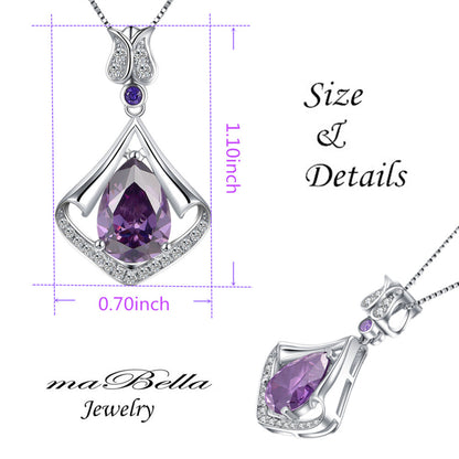 MABELLA Sterling Silver Flower Teardrop Simulated Amethyst/Simulated Blue Topaz Pendant Necklace