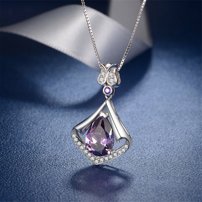 MABELLA Sterling Silver Flower Teardrop Simulated Amethyst/Simulated Blue Topaz Pendant Necklace