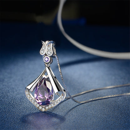 MABELLA Sterling Silver Flower Teardrop Simulated Amethyst/Simulated Blue Topaz Pendant Necklace
