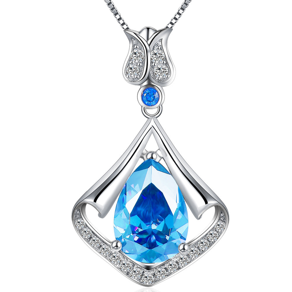 MABELLA Sterling Silver Flower Teardrop Simulated Amethyst/Simulated Blue Topaz Pendant Necklace