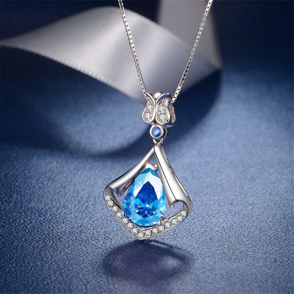 MABELLA Sterling Silver Flower Teardrop Simulated Amethyst/Simulated Blue Topaz Pendant Necklace