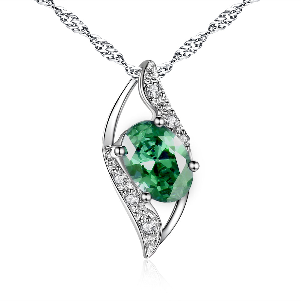 MABELLA Sterling Silver Birthstone Oval Cut Leaves Shape Pendant Necklace, Birthday Gifts for Women