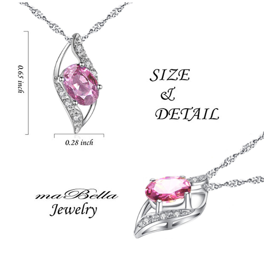 MABELLA Sterling Silver Birthstone Oval Cut Leaves Shape Pendant Necklace, Birthday Gifts for Women