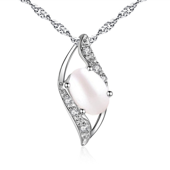 MABELLA Sterling Silver Simulated Pearl 0.75ct Oval Cut Leaves Shape Pendant Necklace,Gifts for Girl