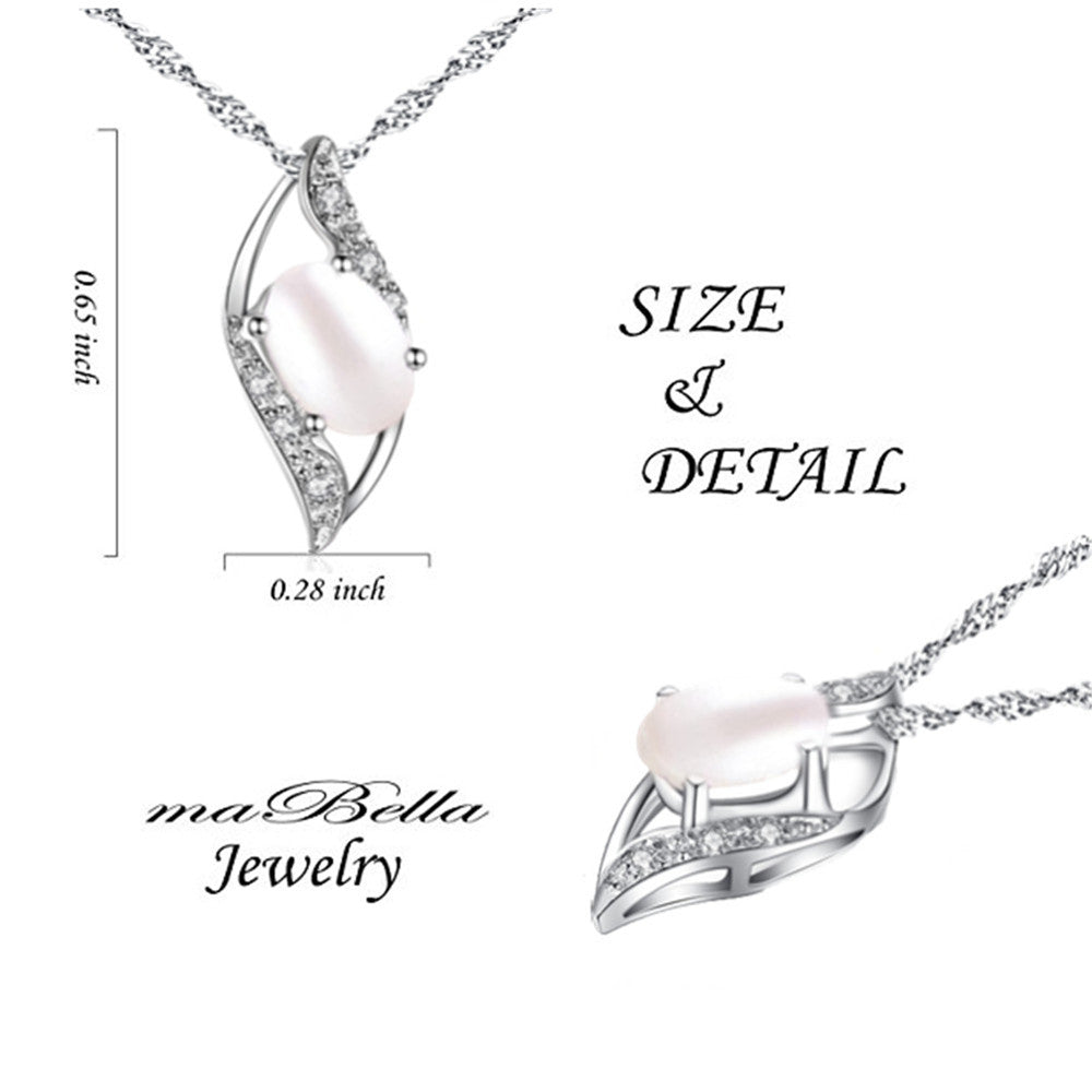 MABELLA Sterling Silver Simulated Pearl 0.75ct Oval Cut Leaves Shape Pendant Necklace,Gifts for Girl