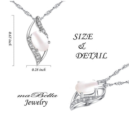 MABELLA Sterling Silver Simulated Pearl 0.75ct Oval Cut Leaves Shape Pendant Necklace,Gifts for Girl