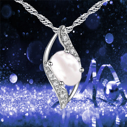MABELLA Sterling Silver Simulated Pearl 0.75ct Oval Cut Leaves Shape Pendant Necklace,Gifts for Girl