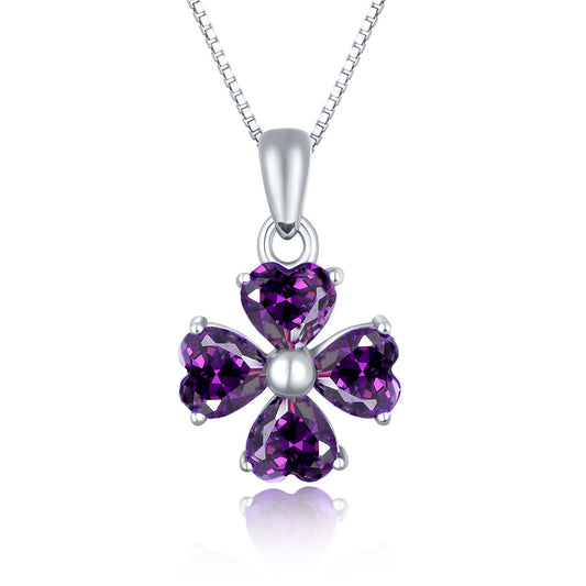 MABELLA 925 Sterling Silver Simulated Amethyst/Blue Topaz Heart Shape 4 Leaf Clover Pendant Necklace