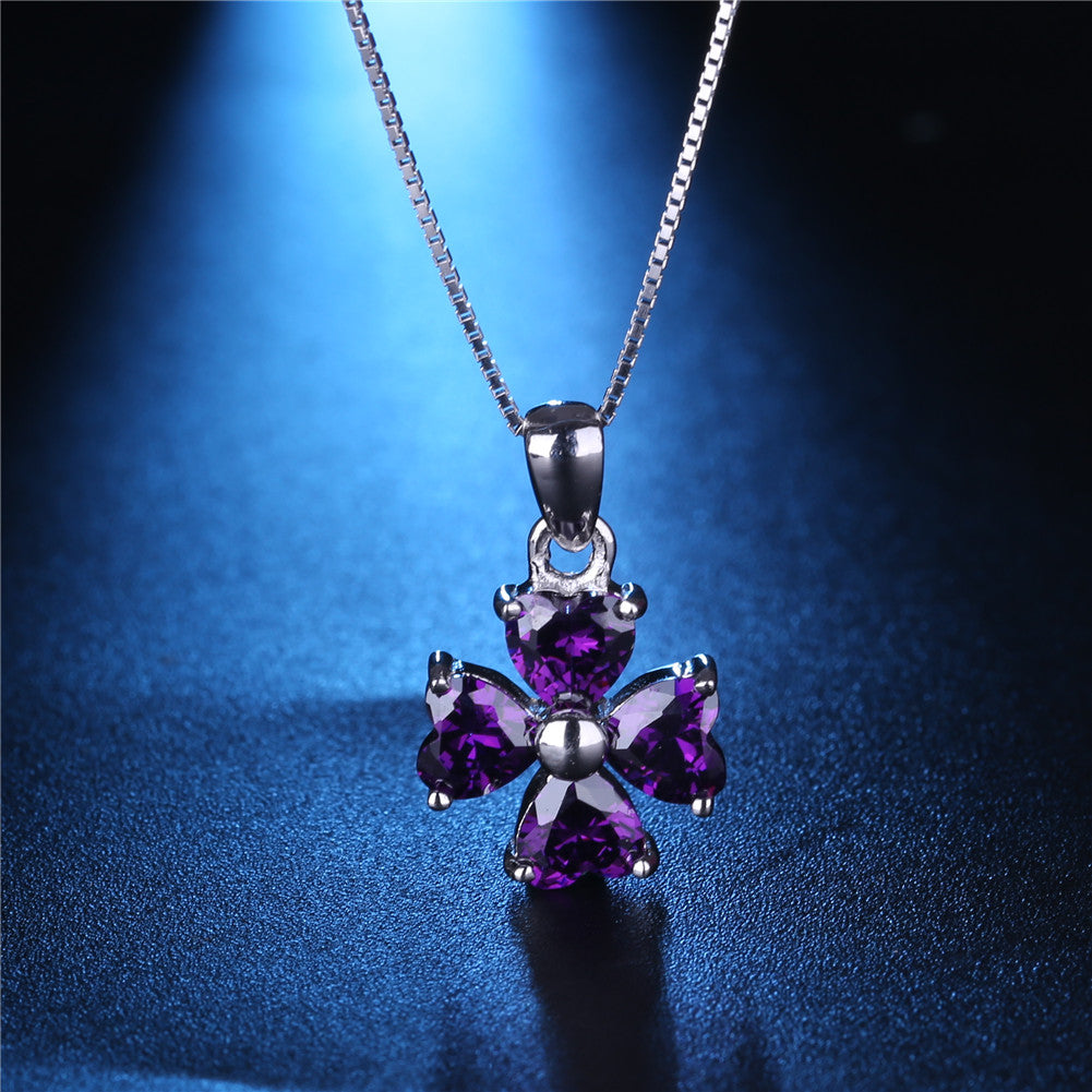 MABELLA 925 Sterling Silver Simulated Amethyst/Blue Topaz Heart Shape 4 Leaf Clover Pendant Necklace