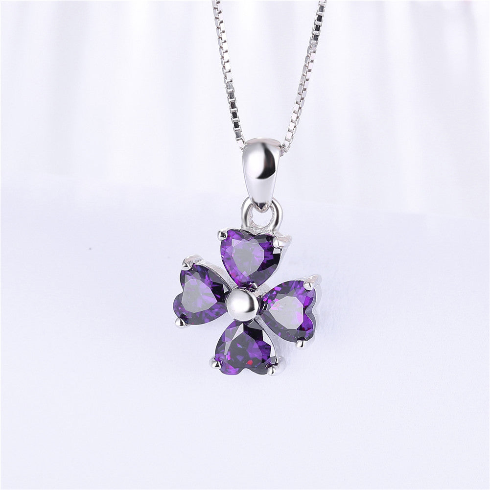 MABELLA 925 Sterling Silver Simulated Amethyst/Blue Topaz Heart Shape 4 Leaf Clover Pendant Necklace