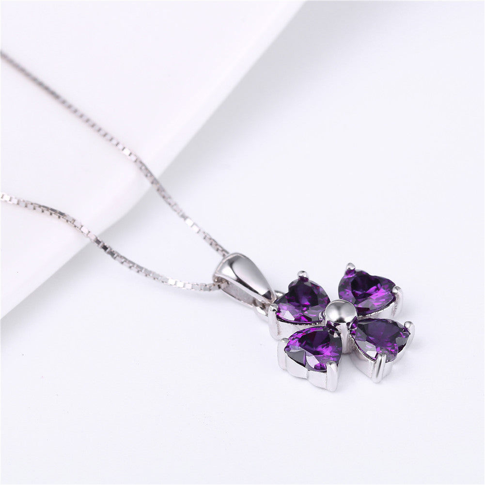 MABELLA 925 Sterling Silver Simulated Amethyst/Blue Topaz Heart Shape 4 Leaf Clover Pendant Necklace